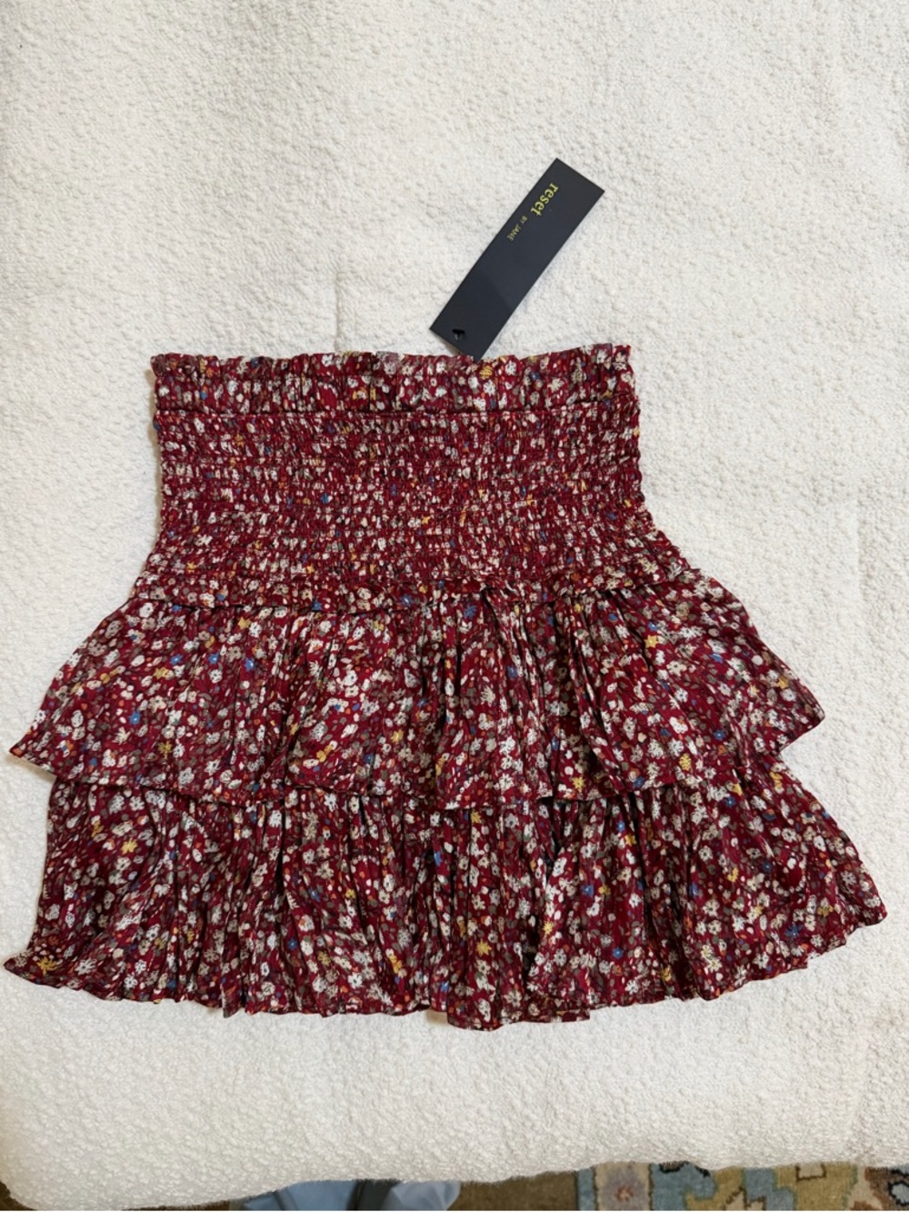 Smocked Tiered Mini Skirt in Burgundy Floral